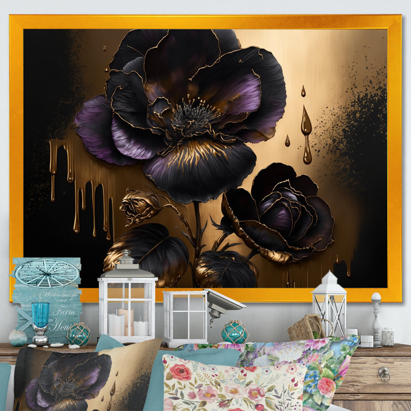 «Black and Gold Violets II» - art mural violet pour le salon, Cadre doré simple, H 34 po x l 44 po x P 1,5 po