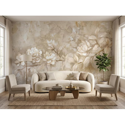 Vintage Magnolia Floral Wall Mural - Neutral Beige Botanical Textured Wallpaper for Home Decor
