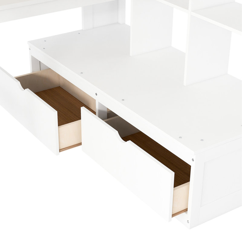 White Full Loft Bed With Desk, Shelves, Two Drawers & Robust Practical Storage Staircase 2 Large Secure Efficient -