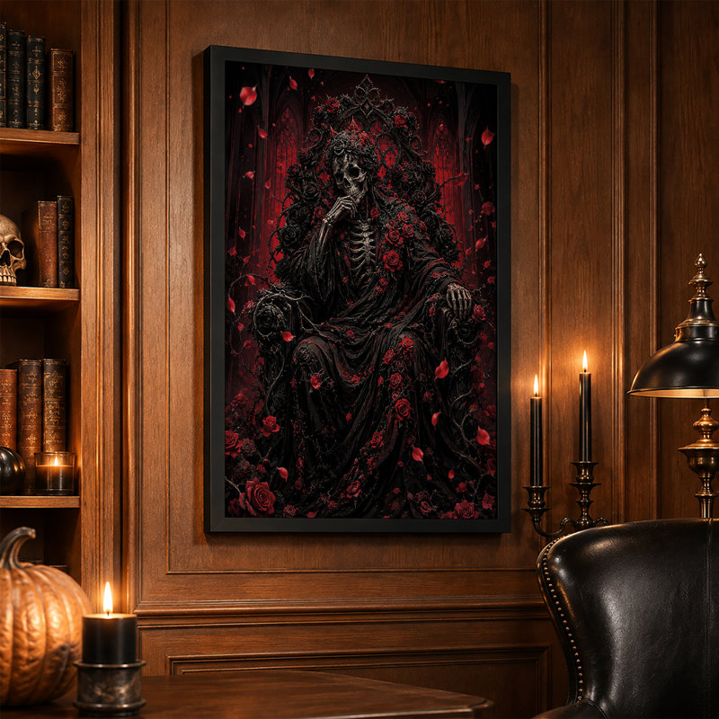 «Skeleton King» sur un trône épineux noir sur toile rouge d'Halloween, H 18 po x l 12 po