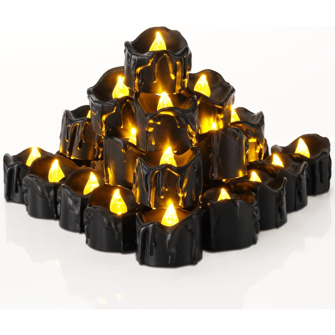 24 Pack Melting Black Flameless Tea Lights:Battery-Operated, Halloween Flickering LED, 1.58" Dia x 1.2"H, Warm White Glow