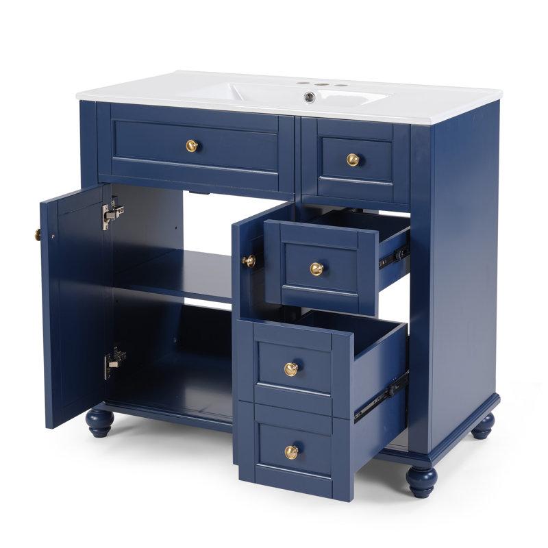 Bathroom Vanity with Sink, Wood Frame Bathroom Vanity with Soft-Close Drawers, Blue