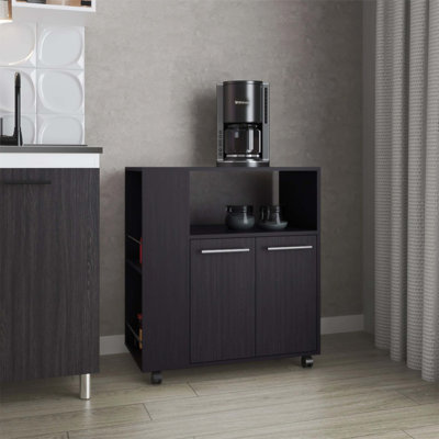 Chariot de cuisine Wengue avec tablette pour micro-ondes et rangement ouvert, parfait pour les petites cuisines et une organisation efficace.
