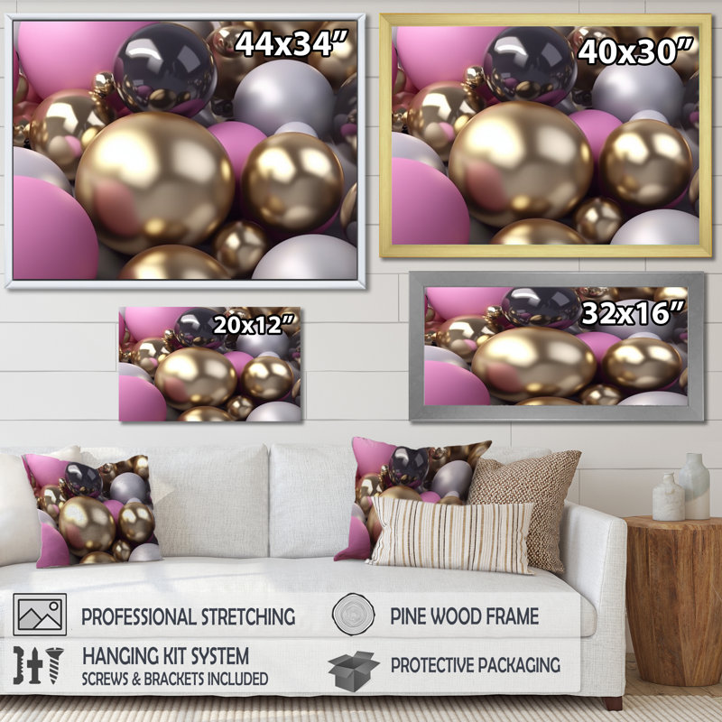 Reproduction d'art sur toile dorée, argentée et rose glamour, H 34 po x l 44 po x P 1,5 po, Cadre flottant blanc