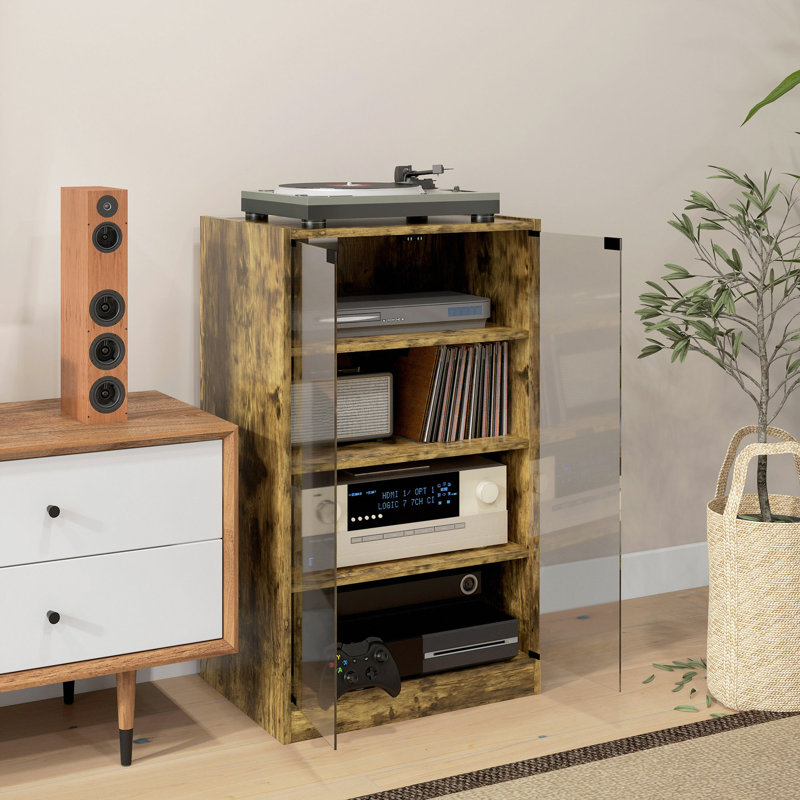Media Cabinet, 4-Tier Stereo Cabinet, Modern Audio Video Media Stand With Adjustable Shelves, Tempered Glass Doors, And Cable Management