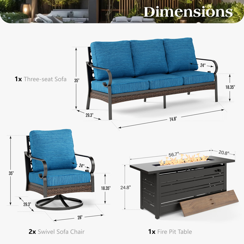 5 Person Outdoor Conversation Set With Swivel Lounge Chairs & Fire Pit Table, Black/Peacock Blue/Black