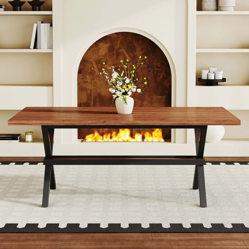 Table de salle à manger 71 po x 35,4 po en bois de noyer épissé, structure industrielle en forme de X pour 6 à 8 personnes