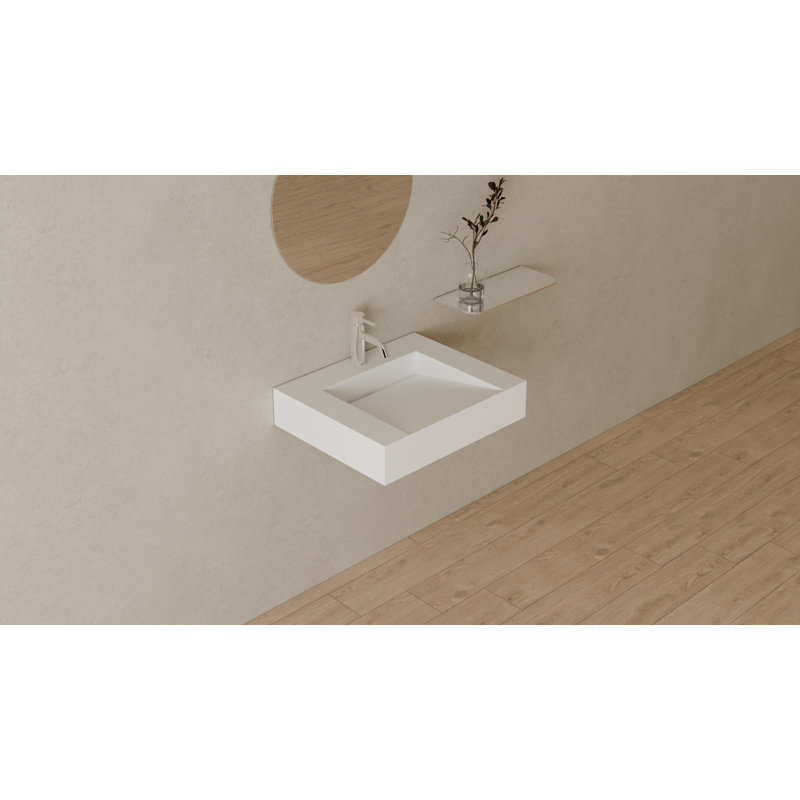 Lavabo de salle de bain mural carré en résine 23,6 po x 19,6 po Badeloft WT-04-E-M, Blanc mat