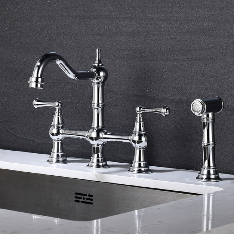 Bridge Dual Handles Kitchen Faucet With Pull-Out Side Spray In, Chrome
