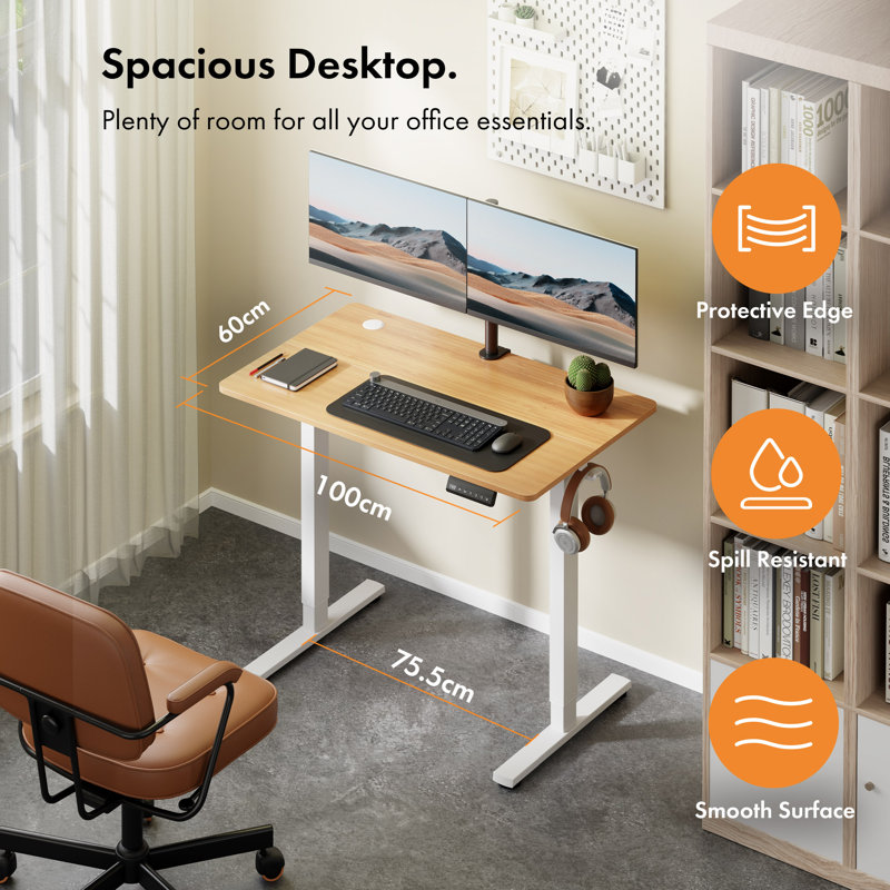 Adjustable Metal Base Standing Desk, 100 W x 60 D, Maple/White