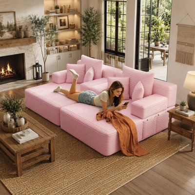 Canapé-lit double surdimensionné en velours côtelé pelucheux, convertible avec poches de rangement, 3 coussins moelleux, canapé sans cadre pour appartement, cinéma maison et chambre d'étudiant, rose