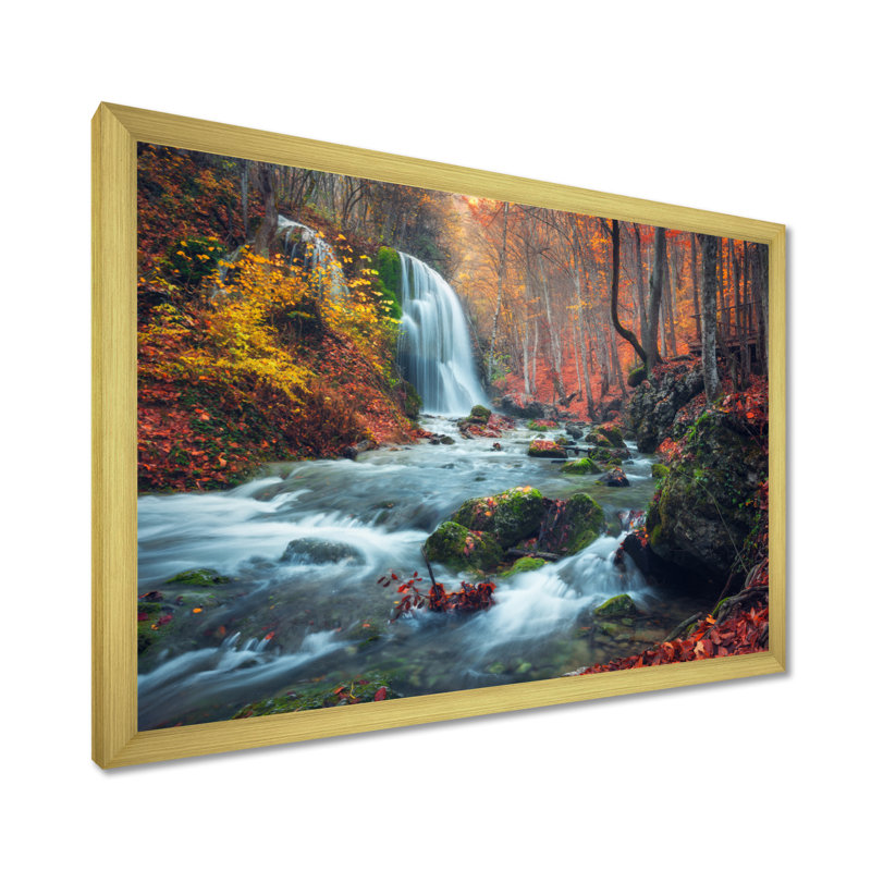 Autumn Mountain Waterfall Long View - Reproduction de photo sur toile tendue, H 16 po x l 32 po, Impression encadrée, Doré