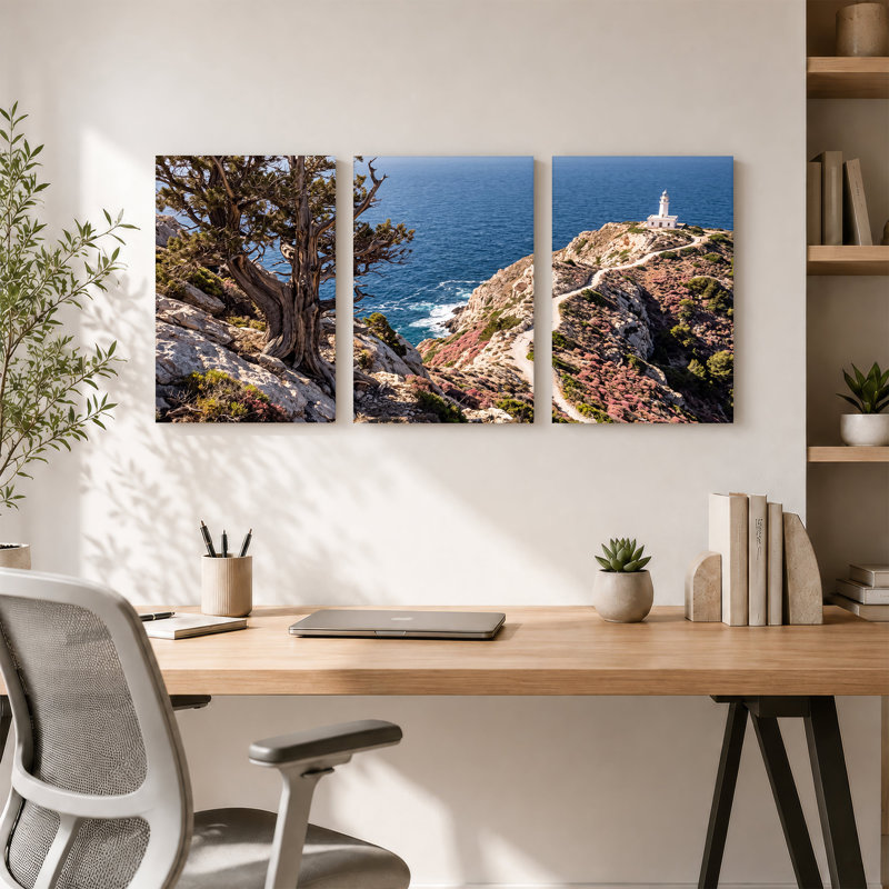 Arbre gnarlé et phare blanc sur une falaise rocheuse, ensemble de 3 toiles, 36"H x 24"W x 3pcs