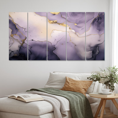 Mauve et gris marbré encre de nuages V - impression sur toile de fractales - 5 panneaux égaux