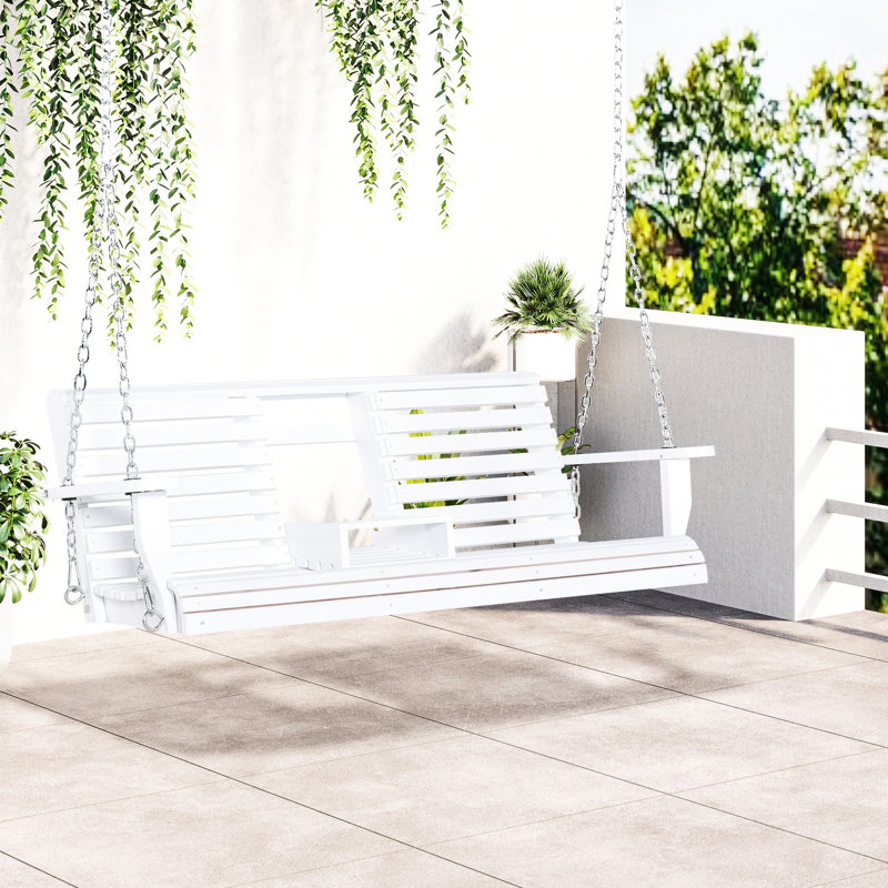 White 3 Porch Swing With Folding Coffee Table, Cup Holders And Strong , 440lbs Weight Capacity Wood Holders, Table & Capacity,