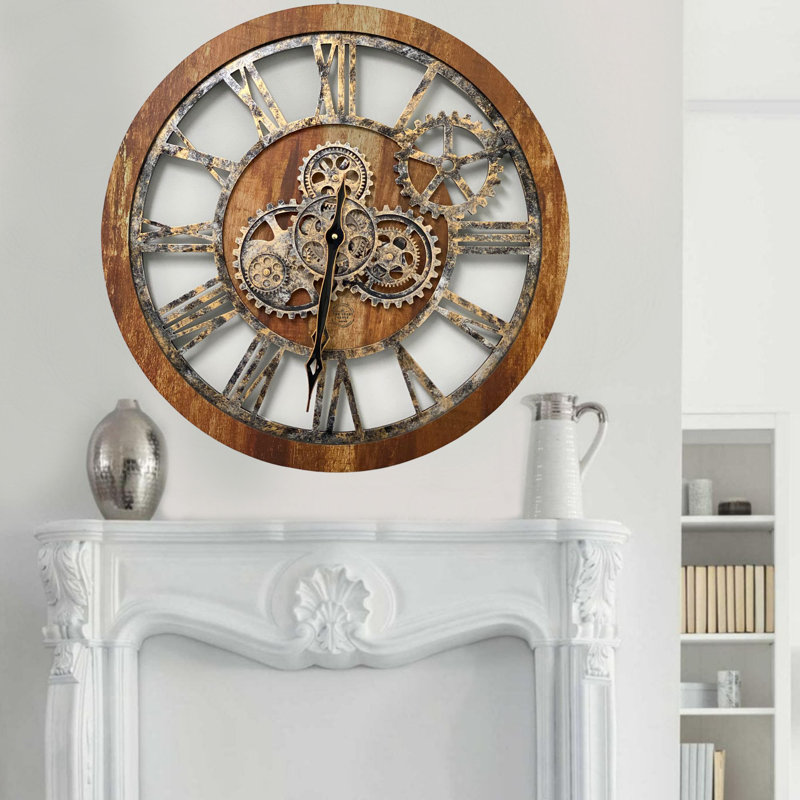 Wall Clock 24" Round Oversized for Living Room decor with Real Moving Gears America Collection, Vintage Brown