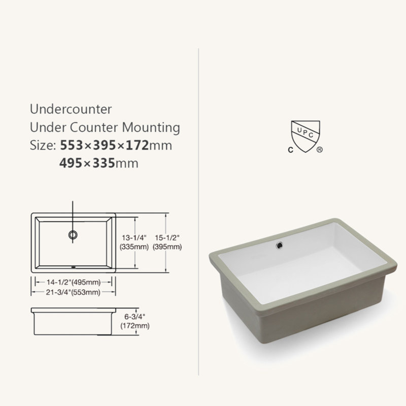 22" White Ceramic Rectangular Undermount Bathroom Sink with Overflow