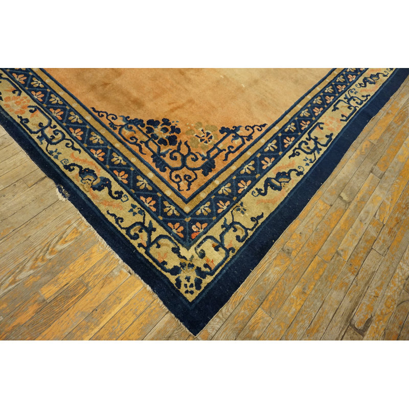 Floral Medallion 1920s Hand Knotted Pile Coral / Salmon Pink Wool Rectangle Antique Rug