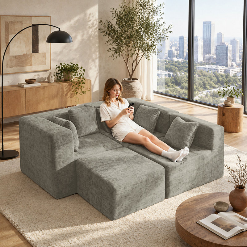 Canapé modulaire en chenille désossé de 130 po avec repose-pieds Horgan, canapé modulaire en mousse à compression, siège profond sans assemblage