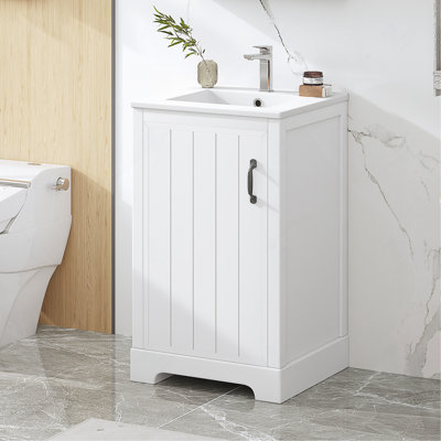 Meuble-lavabo de 20 po avec lavabo, armoire de salle de bain avec porte à fermeture douce, support de rangement et tablette réglable, blanc