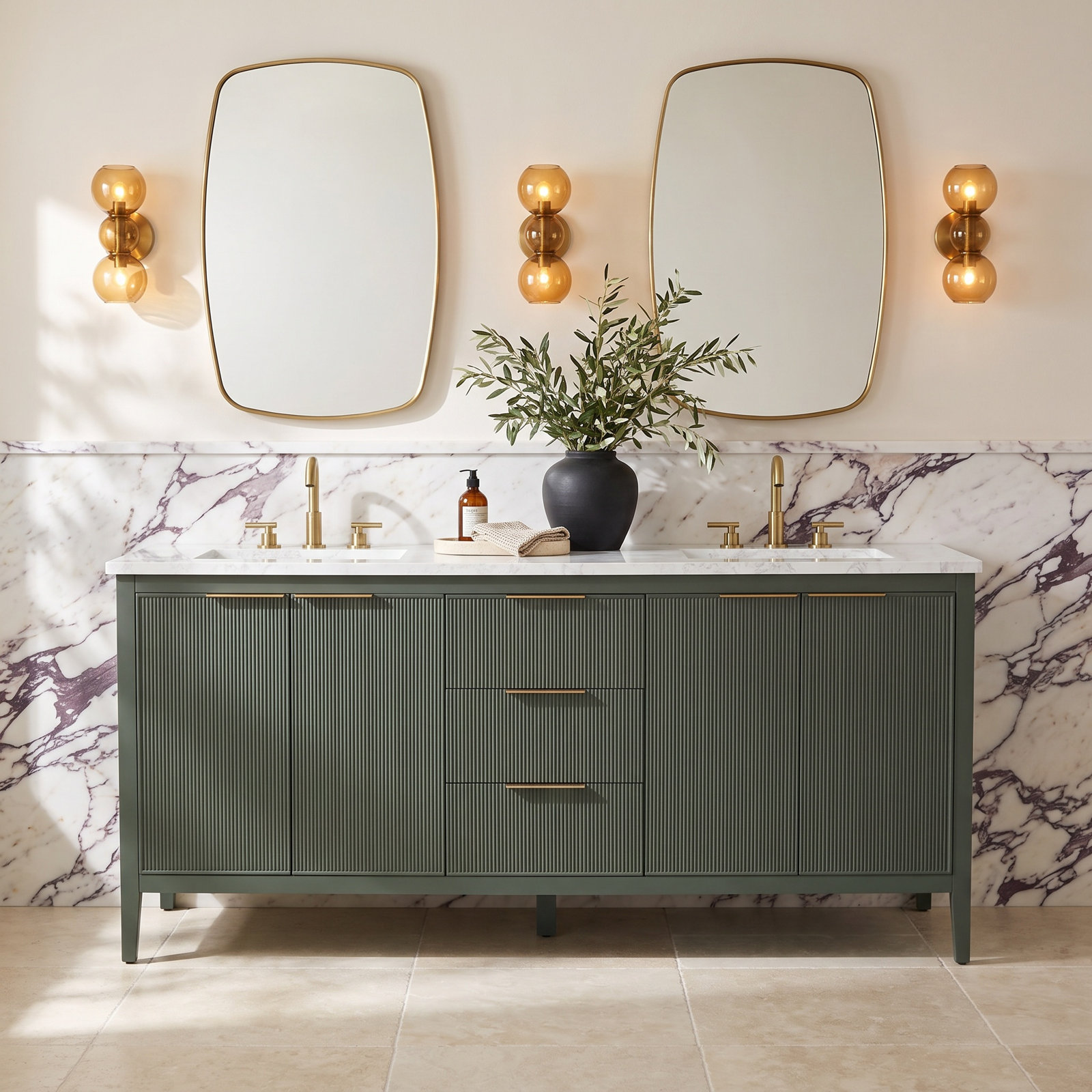 Bilroy 72" Pine Double Bathroom Vanity, Vintage Green/Brushed Bronze