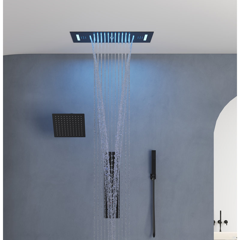 LED Bluetooth Music Thermostatic Rain Shower System with Dual Shower Heads and Handheld Sprayer, Matte Black