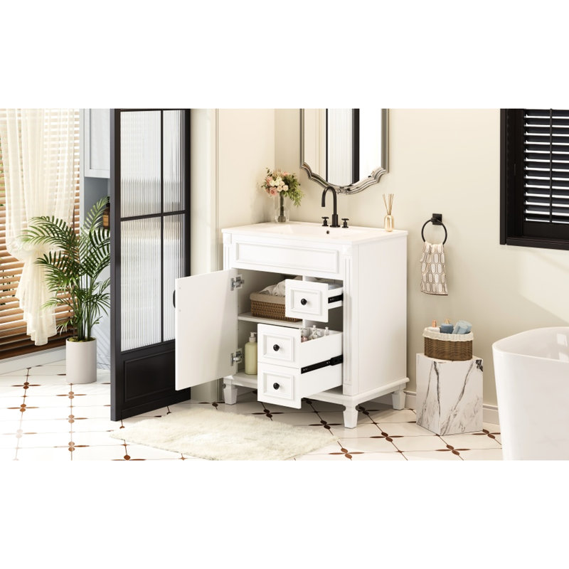 Meuble-lavabo de 30 po avec lavabo en céramique, deux tiroirs et tablette réglable - Rangement pratique pour les petits articles de toilette