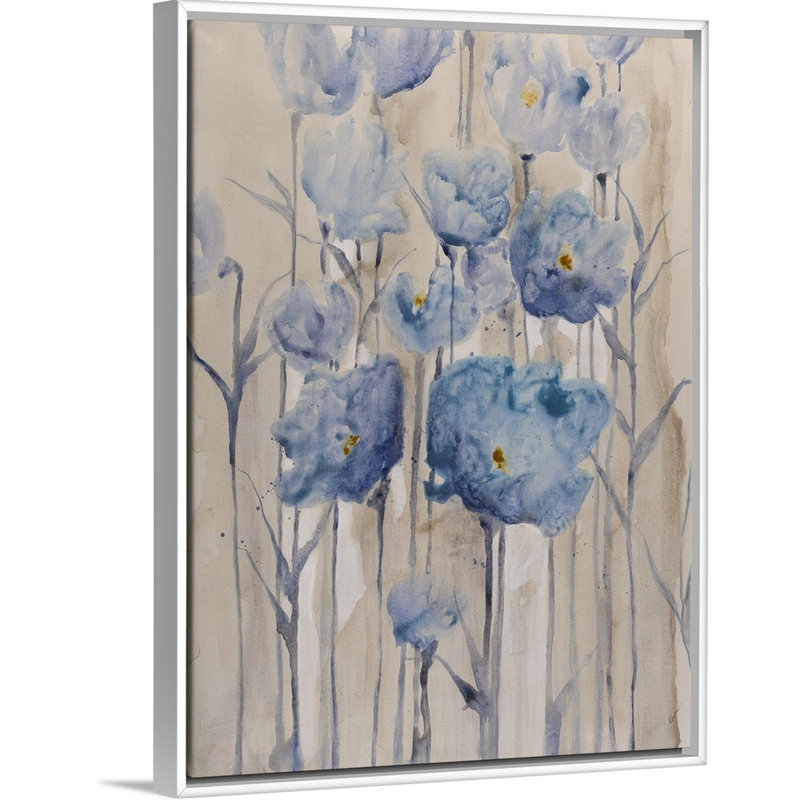 « blue pétales rehaussent i », peinture sur toile, Cadre flottant blanc, H 25,7 po x l 19,7 po x P 1,75 po