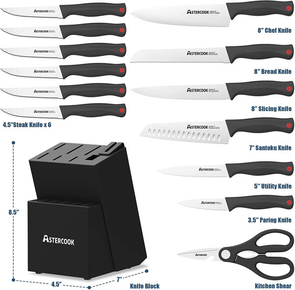  Knife Set, Astercook 15 Pcs Triple Rivet Kitchen Knife