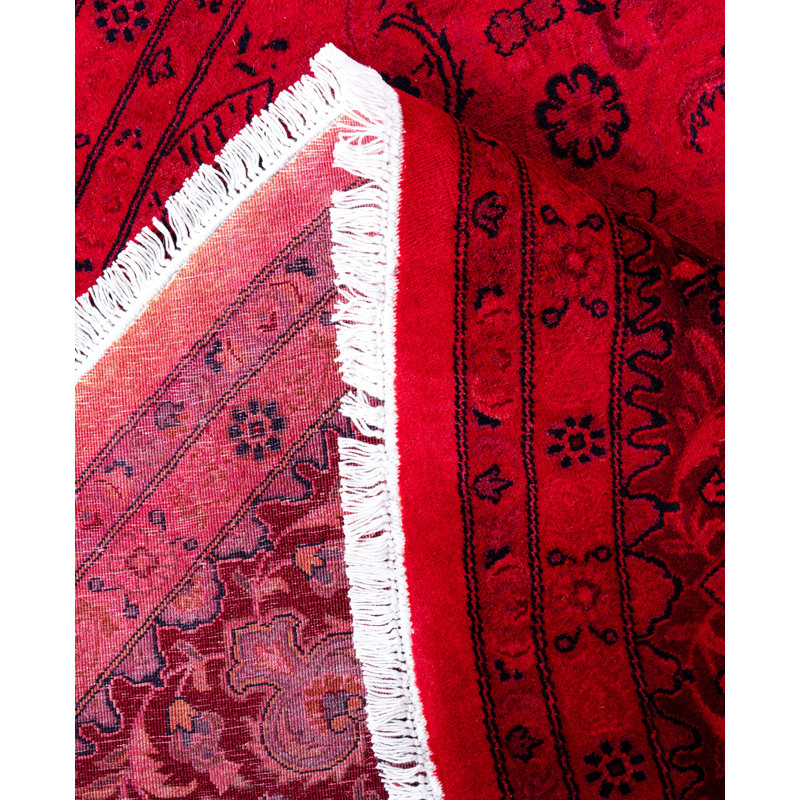 Tapis rouge contemporain en laine noué à la main 8 pi 1 po x 8 pi 3 po Cairns