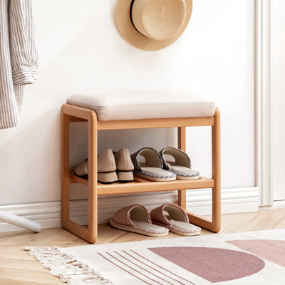 Beech Wood Shoe Bench With Soft Memory Foam Padding, Natural Solid Storage Organizer For Hallway, Garage, Bathroom - 23.21" L, 11.81" D, 16.5" H, 300Lbs Weight Limit, Two Tier Shelving Beige
