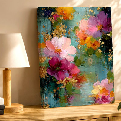 Abstrait floral, peinture à l'huile, fleurs roses, bleu sarcelle, impression sur toile texturée or