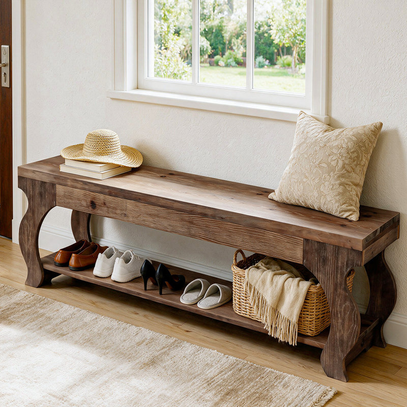 Banc d'entrée en bois massif, banc à chaussures de ferme avec tablette de rangement inférieure ouverte