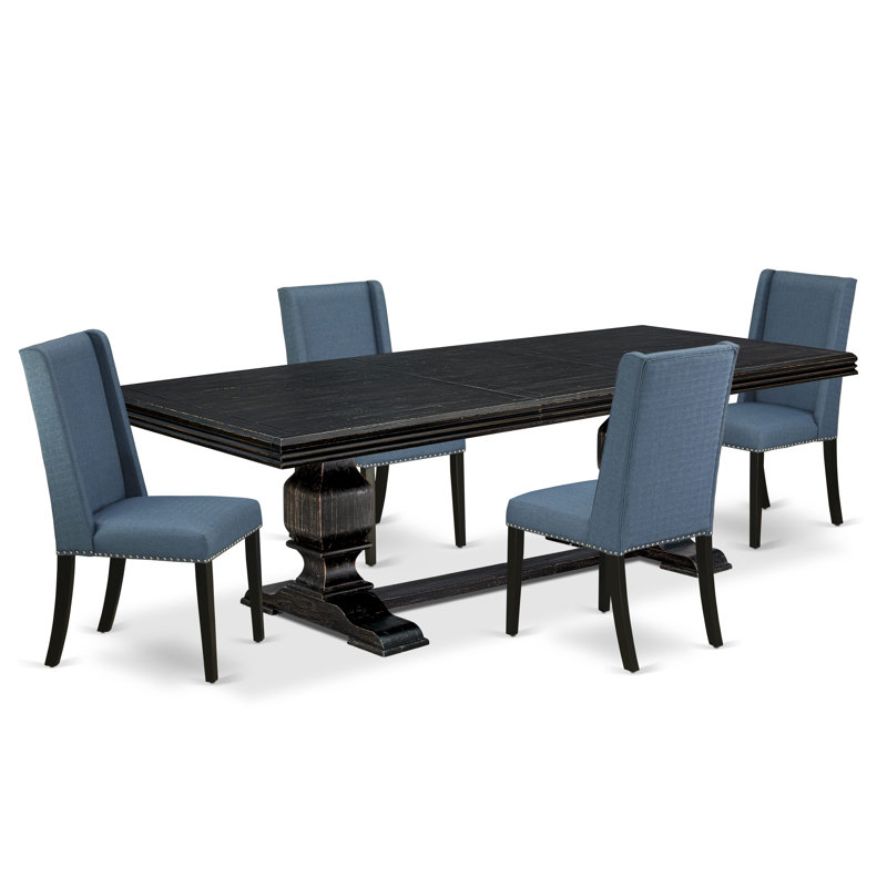 L'ensemble de salle à manger 5 pièces se compose d'une table en bois et de 4 chaises de cuisine en tissu de lin bleu minéral avec dossier rembourré - fini noir sablé