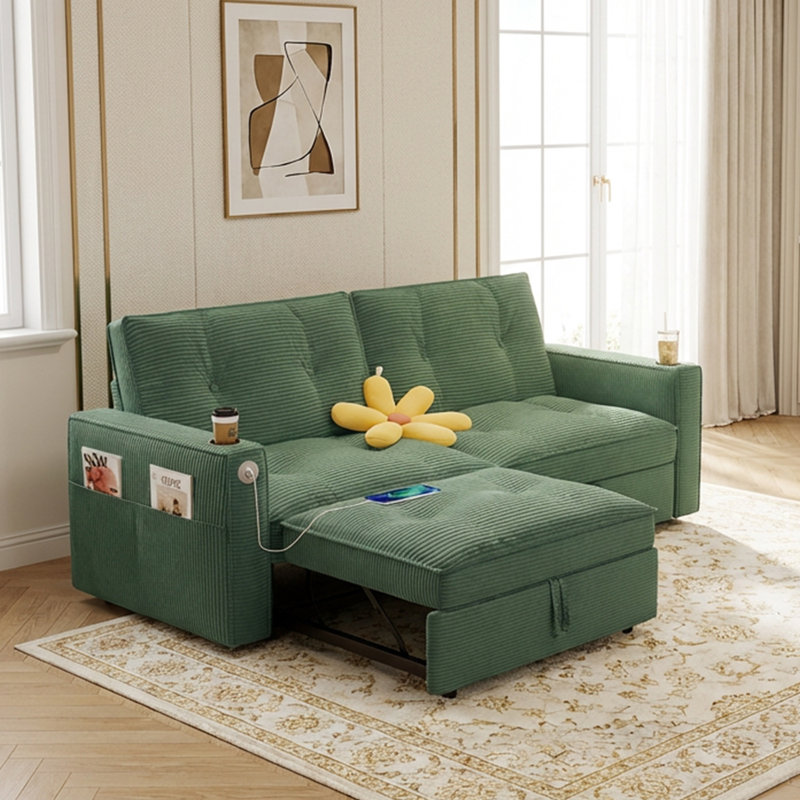 3-in-1 Convertible Modular Sofa Bed with USB Port & Side Storage, Green Corduroy Multi-Functional Loveseat for Living Room
