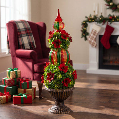 3 pi Ornement de Noël artificiel pré-éclairé avec topiaire Holly Berry avec poinsettias et 70 lumières DEL en urne décorative