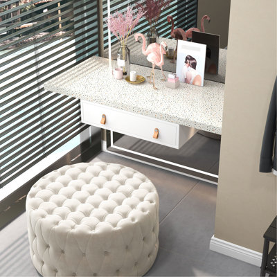 Repose-pieds rond 31,5 po, grand tabouret rembourré en velours avec capitonnage et siège rembourré pour le salon, le vestibule, beige