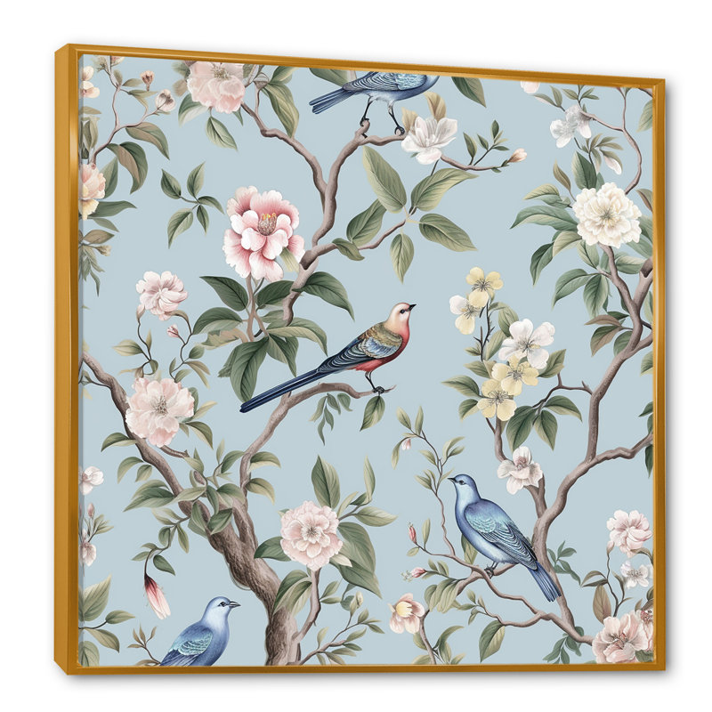 Chinoiserie, oiseaux et pivoines sur toile, Cadre flottant doré, H 30 po x l 30 po
