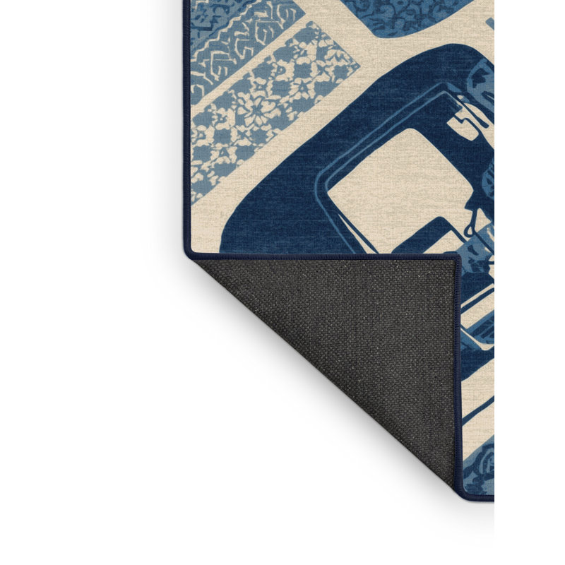 Tapis bleu moelleux moelleux à motif de blocs de style Tuk Tuk Rickshaw, 5 x 8