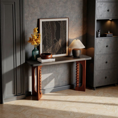 Console élégante de 59 po pour le salon - Console rustique avec pieds sphériques uniques, table d'appoint laquée noire et brune pour le vestibule, le couloir ou le dossier du canapé