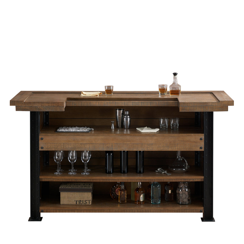 Industrial Reclaimed Wood and Metal Home Bar with Stone Surface