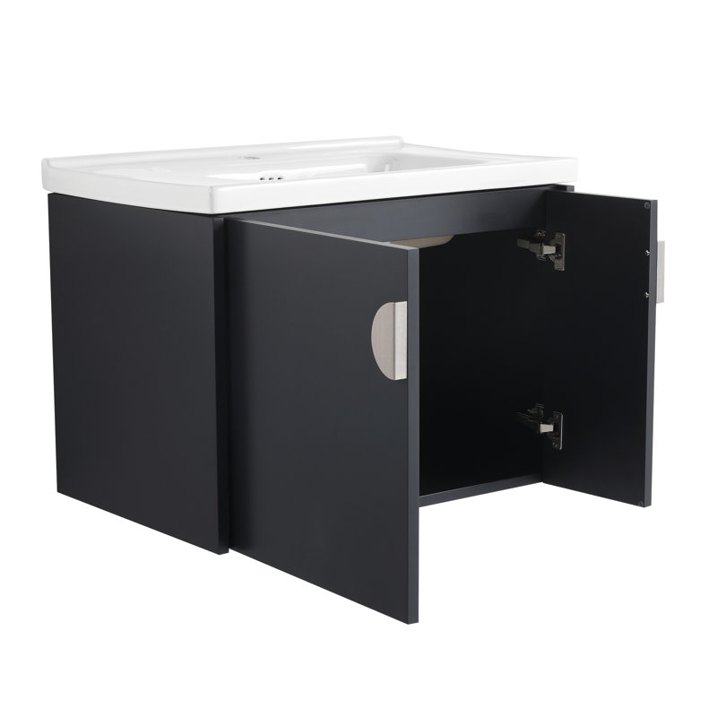 Meuble-lavabo 28 po avec lavabo en céramique - Porte murale à fermeture douce et poignées en métal pour salle de bain luxueuse
