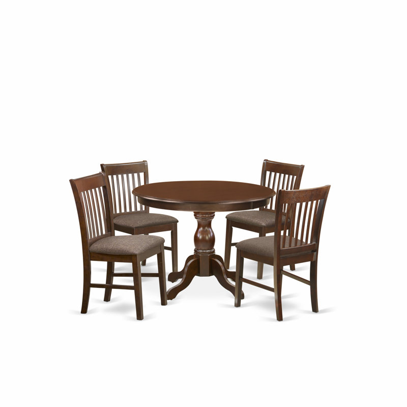5 Piece Dining Table Set for 4 Includes a Round Kitchen Table with Pedestal and 4 Linen Fabric Dining Room Chairs, 42x42 Inch, Mahogany