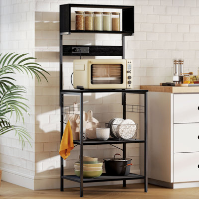Baker's Rack with Power Outlet, USB Charger, Microwave Stand, Black