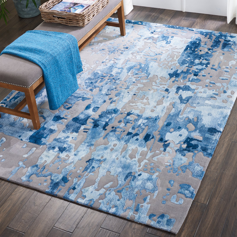 Machen Abstract Handmade Tufted Blue/Grey Area Rug, Rectangle 3'9" x 5'9"