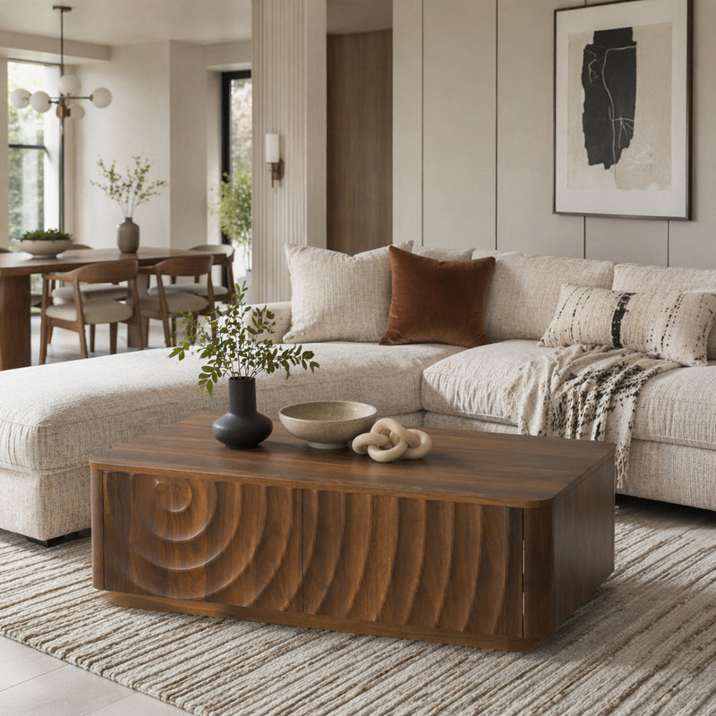 47'' Rectangle Coffee Table With Storage, Walnut Brown