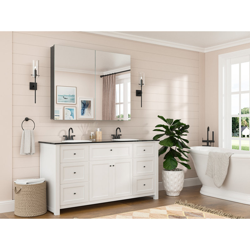 Husai Recessed or Surface Mount Aluminum Frameless Medicine Cabinet With Mirrored Door and Adjustable Shelves, Black