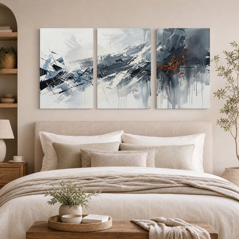 Grey and White Abstract Brushstrokes with Rust Set Of 3 Canvas Wall Art, H 30 po x l 20 po x 3 pièces