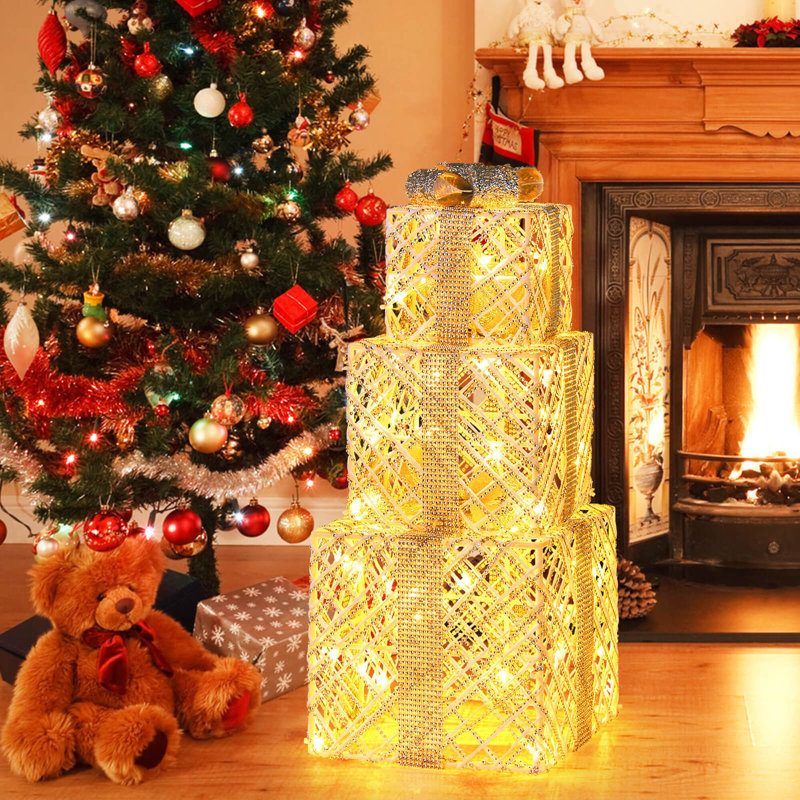 Paquet de 3 boîtes-cadeaux de Noël éclairées avec 50 lumières DEL pour la cour