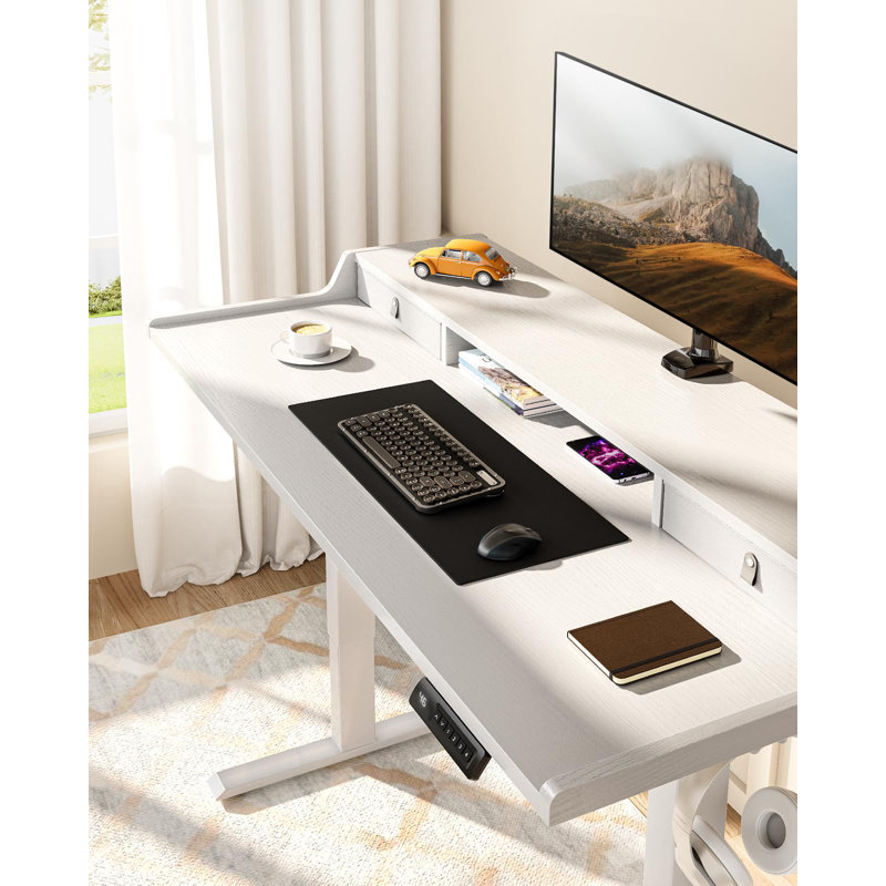 Bureau debout électrique à hauteur réglable avec tiroirs pour le bureau personnel, table de jeu avec tablette de rangement et 4 hauteurs préréglées